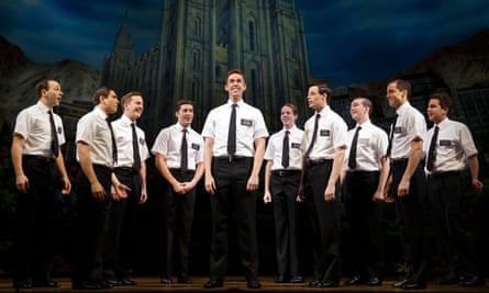 10 men in short-sleeved shirts onstage in The Book of Mormon