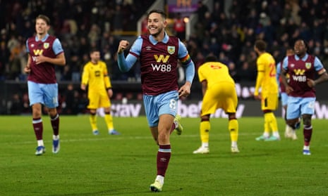 Burnley’s Josh Brownhill celebrates after scoring their fifth goal against Sheffield United.