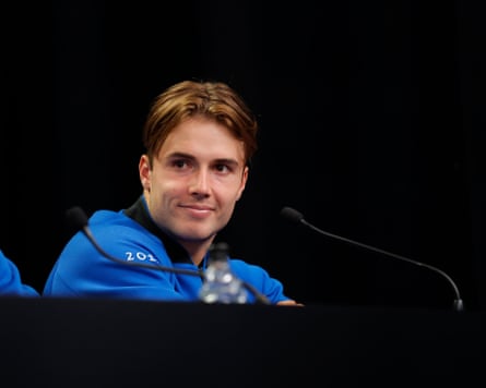 Arthur Fery, the British tennis player and alternative for Team Europe at the 2026 Laver Cup tennis event, smiles during a press conference to promote the tournament.