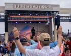 Thousands gather on National Mall for daylong prayer rally White House-backed event billed as One Nation Under God criticized for blurring lines between church and stateThousands of people streamed onto the National Mall for a daylong prayer rally on Sunday billed as a rededication of our country as One Nation Under God.Against the backdrop of the Washington Monument, worship music blared from a stage that made clear the events Christian focus. Arched stained-glass windows, set underneath grand columns resembling a federal building, depicted the nations founders alongside a white cross. Continue reading...