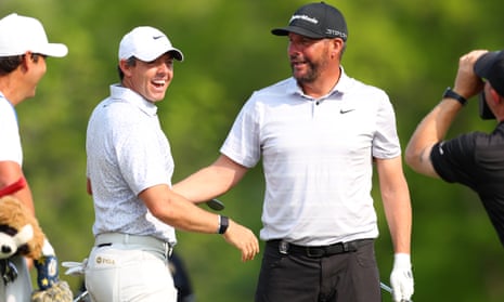 open goal tour Michael Block (right) celebrates his hole in one on the 15th tee with Rory McIlroy at the 2023 US PGA.