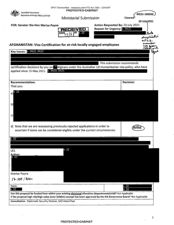 Dfat bungle delayed visas for former Afghan embassy employees at risk from Taliban | Australian immigration and asylum 1 A Dfat submission, dated 20 July 2021 and marked as urgent