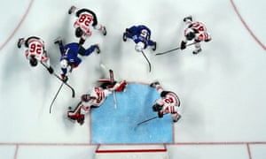 An overhead view of the action at the Canadian goal.