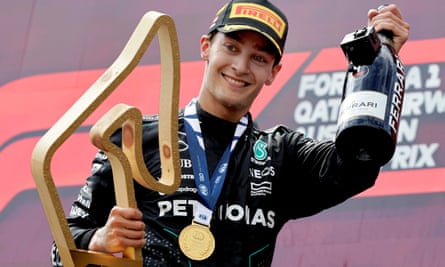 George Russell with the trophy after winning the Austrian Grand Prix