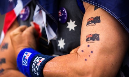 A man shows off Australian flag tattoos during Australia Day celebrations.