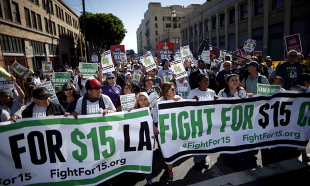 Fast-food workers protest for higher wages in Los Angeles, California. On Saturday, California legislators and labor unions reached an agreement that will take minimum wage from $10 to $15 an hour. 