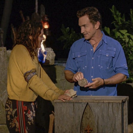 Michele Fitzgerald and Jeff Probst at Tribal Council on Survivor