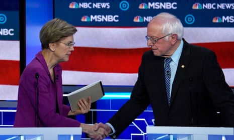 Warren shakes hands with Sanders at the conclusion of the ninth Democratic 2020 U.S. Presidential candidates debate in Las Vegas Nevada.