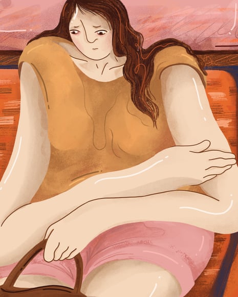 Illustration showing a woman sitting on a seat in a tube carriage - trying to curl up and not be noticed