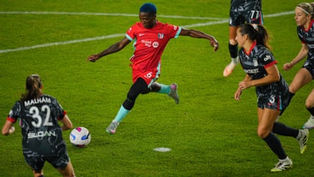 Temwa Chawinga fires in Kansas City Current’s third goal during their NWSL match against Chicago Stars in September.