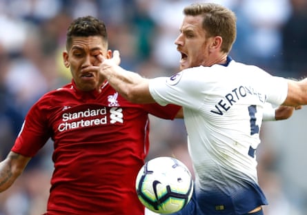 September 15: Jan Vertonghen of Tottenham Hotspur pokes Roberto Firmino of Liverpool in the eye.