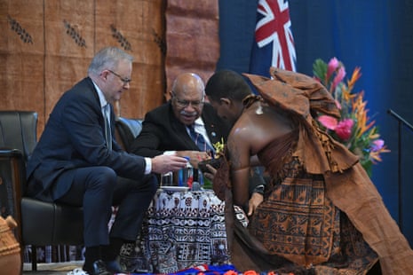 Albanese and Fiji’s Sitiveni Rabuka are poured kava during a welcome ceremony in Suva