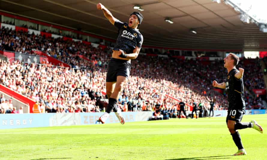 Wolves striker Raúl Jiménez celebrates scoring the only goal of the game against Southampton by jumping up in font of the fans.