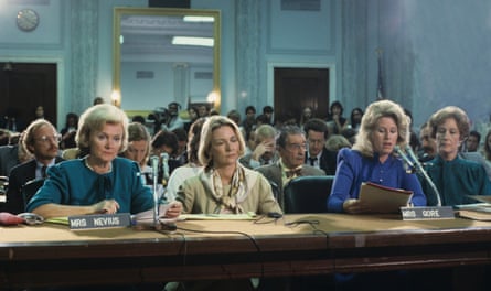 The 'Washington wives' of the PMRC speak at Senate hearings in 1985, led by Sally Nevius, left, and Tipper Gore, second right.