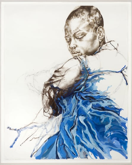 An image of woman in monochrome with her head half turned and a patch of blue spreading under her arm.