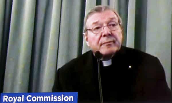 George Pell is seen on screen as he gives evidence via videolink