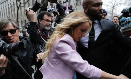 Stormy Daneils leaves court in New York. Michael Cohen paid the porn actor $130,000 to buy her silence about an alleged affair with Donald Trump.
