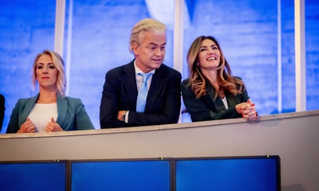 (L-R) Socialist Party (SP) leader Lilian Marijnissen, Party for Freedom (PVV) leader Geert Wilders, and People’s Party for Freedom and Democracy (VVD) leader Dilan Yesilgoz-Zegerius prior to the Debate of the South at the Evoluon in Eindhoven, the Netherlands, 18 November 2023.