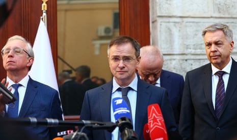 Russia's presidential aide Vladimir Medinsky (C), head of the Russian delegation sent to Turkey for peace talks with Ukraine, addresses the media outside the Russian Consulate in Istanbul, Turkey.