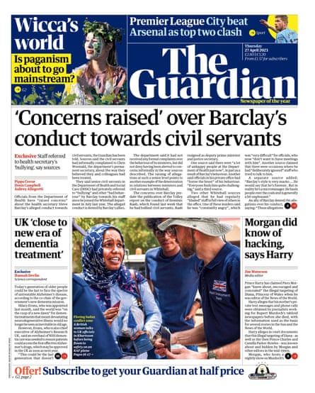 Guardian front page, Thursday 27 April 2023