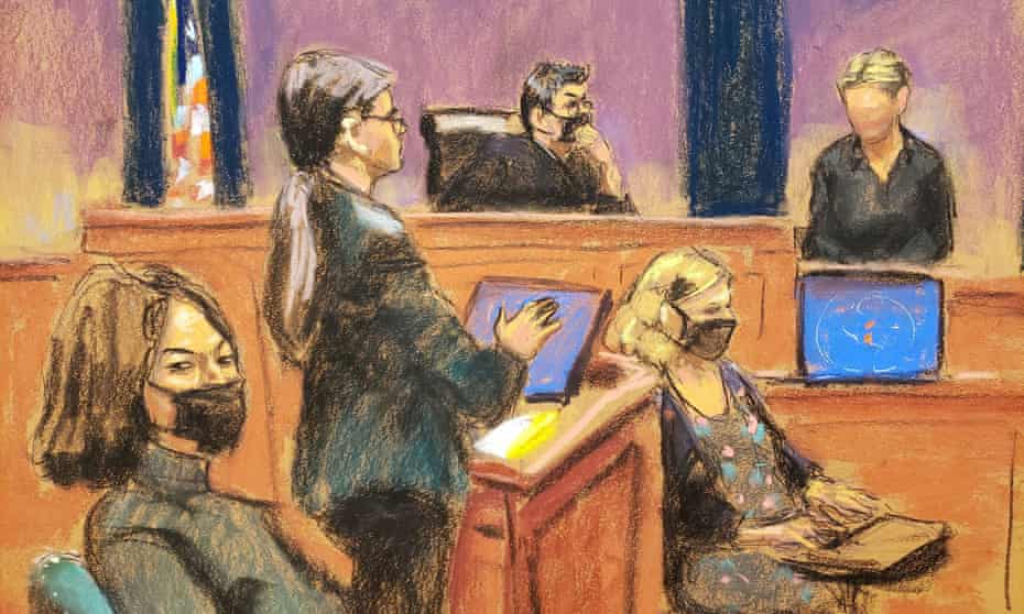 Witness ‘Kate’ is questioned by prosecutor Lara Pomerantz during the trial of Ghislaine Maxwell, in a courtroom sketch in New York City on Monday.