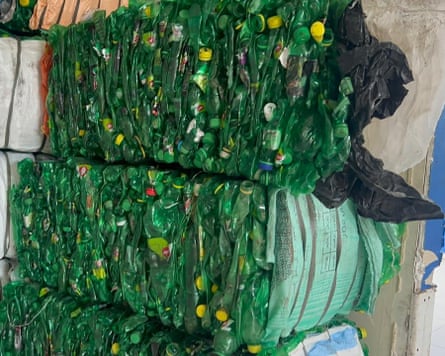 Bales of compressed plastic bottles