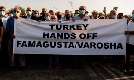 Greek Cypriots protest at the Deryneia crossing point after Turkish authorities reopened Varosha, a beach quarter of the historic city of Famagusta.