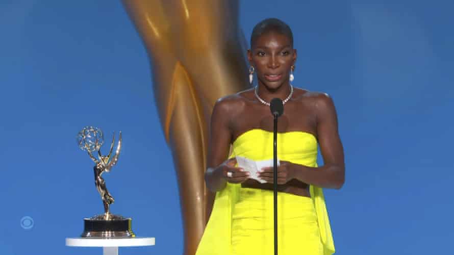 Michaela Coel accepts an Emmy Award for outstanding writing for a limited or anthology series or movie for I May Destroy You.