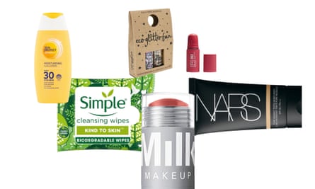 From left: Sainsbury’s sun lotion; Simple cleansing wipes, from Boots; eco glitter; Milk Makeup Mini Lip + Cheek; 3INA No-rules Stick, from Superdrug; Nars tinted moisturiser.