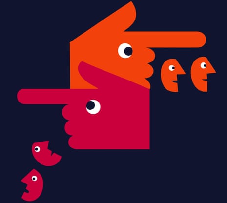 Illustration of an orange finger and two small heads pointing one way, and a red finger and two small heads pointing the opposite way