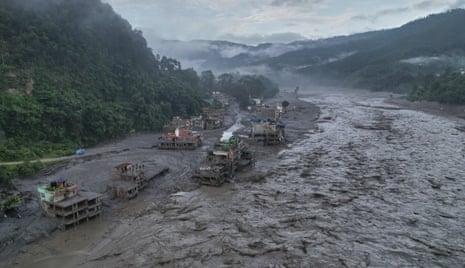 A drone view of the aftermath of flash flooding along the Trishuli river amid fresh water surge warning in the Trishuli Bazaar area of Nuwakot district, Nepal.