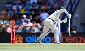 Carey’s leg-stump bail goes.