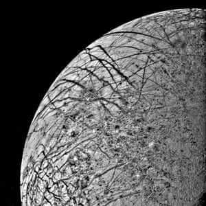 The first close look ever obtained of Jupiter’s satellite, Europa, was taken 9 July 1979 as the spacecraft approached the planet