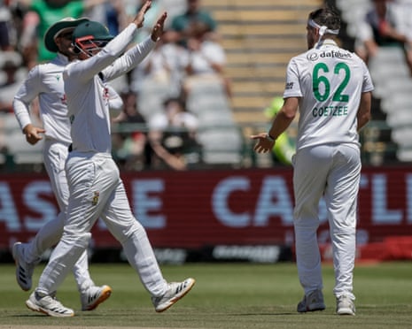 Gerald Coetzee celebrates after dismissing Mitchell Starc