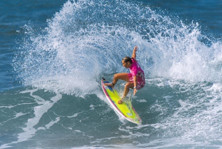 Layne Beachley competing in the Roxy Pro at Haleiwa Alii Beach in Hawaii in 2001.