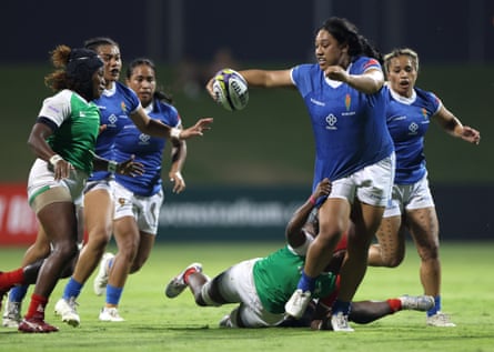 Samoa’s Denise Aiolupotea attempts to get past Volatiana Rasoanandrasana of Madagascar during the WXV 3 2024 match.