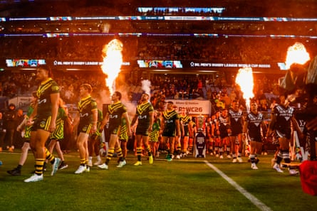 The players walk onto the pitch at Allianz Stadium in Sydney.