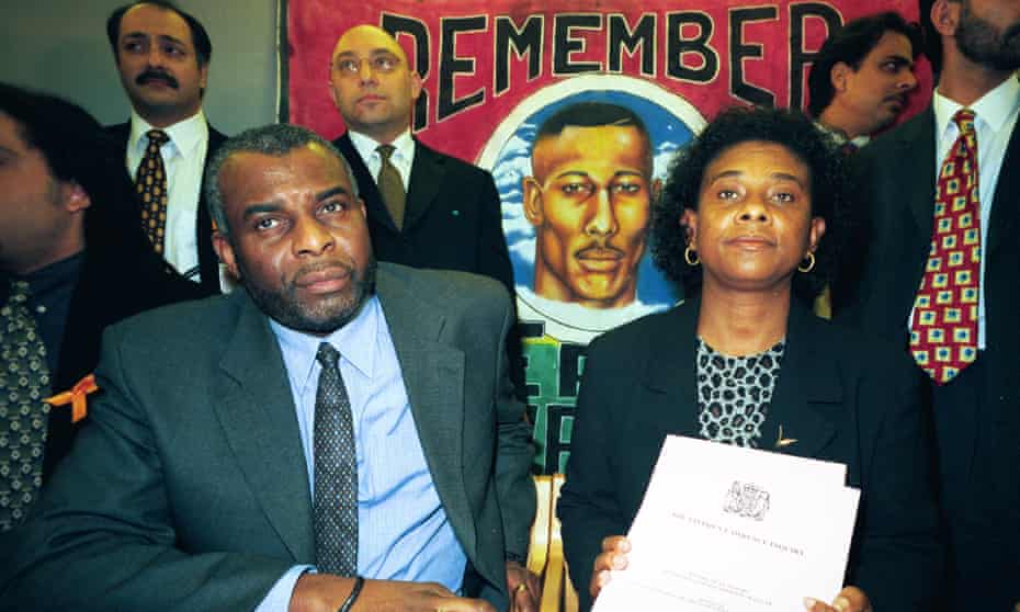 Neville and Doreen Lawrence at a press conference following the inquiry into their son Stephen’s murder.