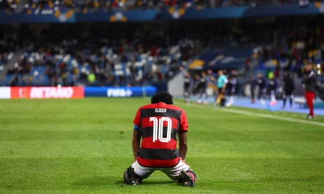 Gabriel Barbosa falls to his knees in disappointment as Flamengo are beaten by Al Hilal in the Club World Cup semi-finals.