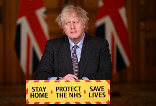 British Prime Minister Boris Johnson speaks during a televised press conference at 10 Downing Street on February 22, 2021 in London