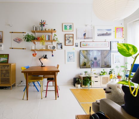 Salvaged wood shelving in Chee’s apartment