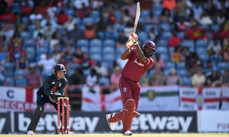 Chris Gayle strikes one of his 14 sixes in his 162, but it was not enough for West Indies.