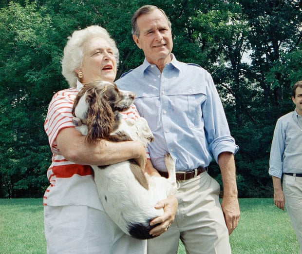 Barbara Bush holding the family dog Millie, 1988; she ghostwrote Millie’s memoirs to raise money in support of the Barbara Bush Foundation for Family Literacy.