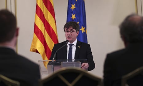 Carles Puigdemont addresses a conference in Brussels