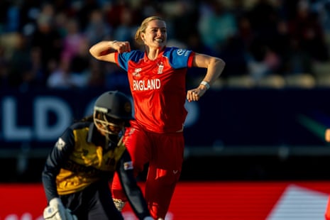 England’s Lauren Bell celebrates taking the wicket of Sri Lanka’s Vishmi Gunaratne.