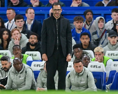 Liam Rosenior managing Chelsea from the sideline at Stamford Bridge