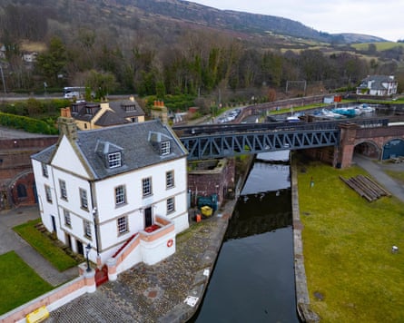 Aerial view of Customs House at Forth and Clyde canal at Bowling, West Dunbartonshire, Scotland, UK.