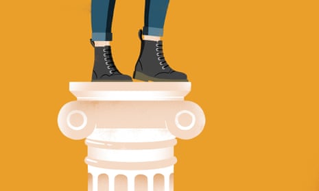 illustration showing the doc marten style boots and jeans of a woman standing on a classical ionian column