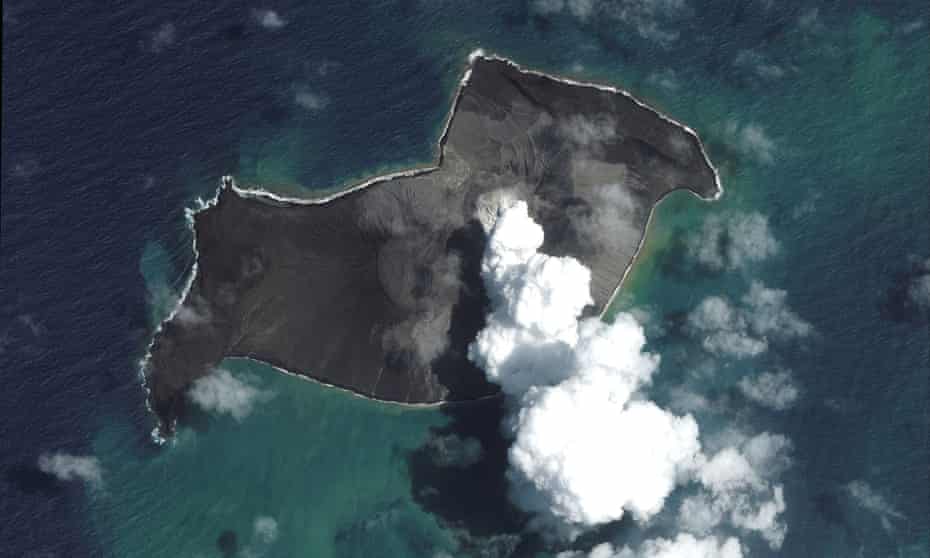 A satellite image shows the Hunga Tonga-Hunga Ha'apai volcano before its main eruption. The undersea communications cable linking Tonga with the rest of the world was severed in the eruption.