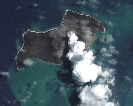 Destroyed structured and debris on Tongatapu’s main beach resort on 17 JanSatellite view of Hunga Tonga-Hunga Ha‘apai, January 2022.